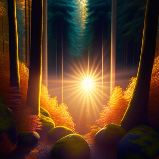 Hi There! Create For Me Please A 40 Cm Wide And 50 Cm Long Photorealistic Picture Of An Enchanted Forest In Autumn Time. The Sun Is Mildly Shining Through...