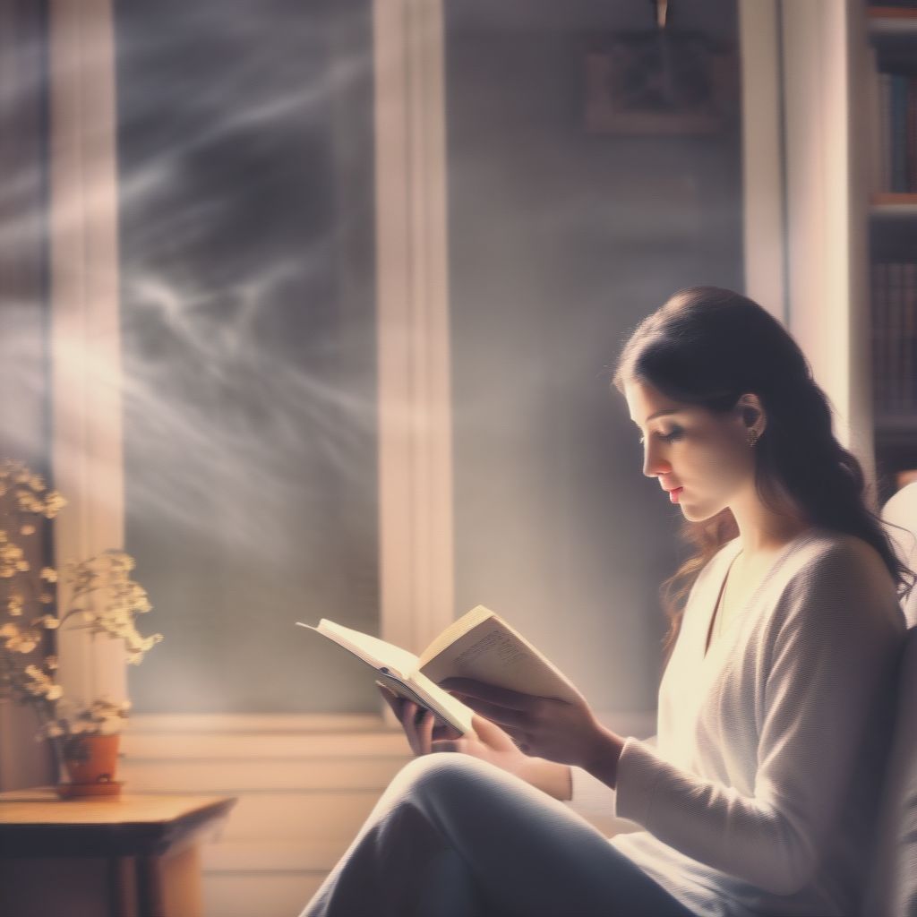 A Woman Siting In A Warm Home Reading A Book Unaware That There Is A Dark Faceless Spirit Behind Her Reaching Out To Grab Her Shoulder