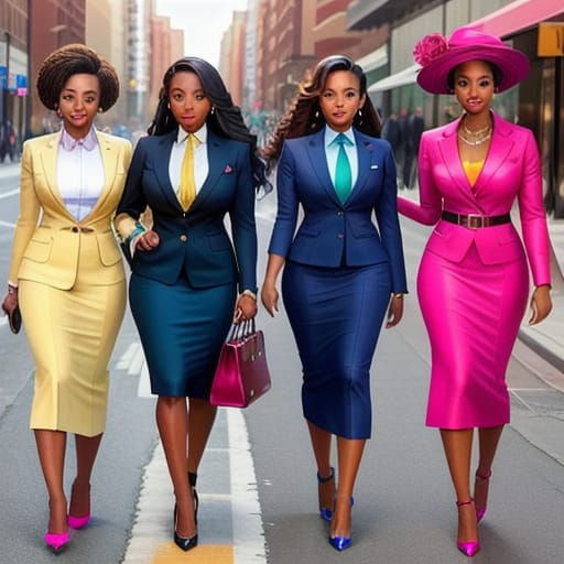 African American Ladies Of All Ages; Walking Down A Busy Street; Wearing; A Business Suits; Each Dressed In A Different Color; One Lady Is Wearing Solid Pi...