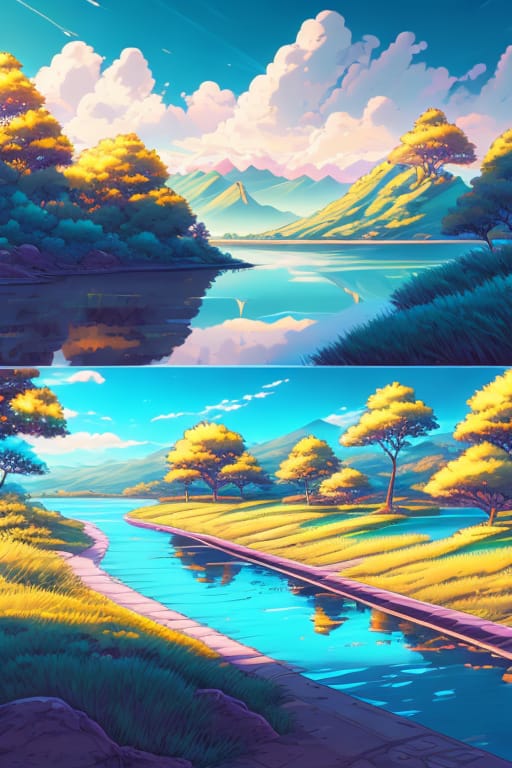 A Painting Of A Road Next To A Body Of Water, Scenery Artwork, Anime Landscape Wallpaper, Beautiful Anime Scenery, Anime Landscape, Detailed Scenery —width...