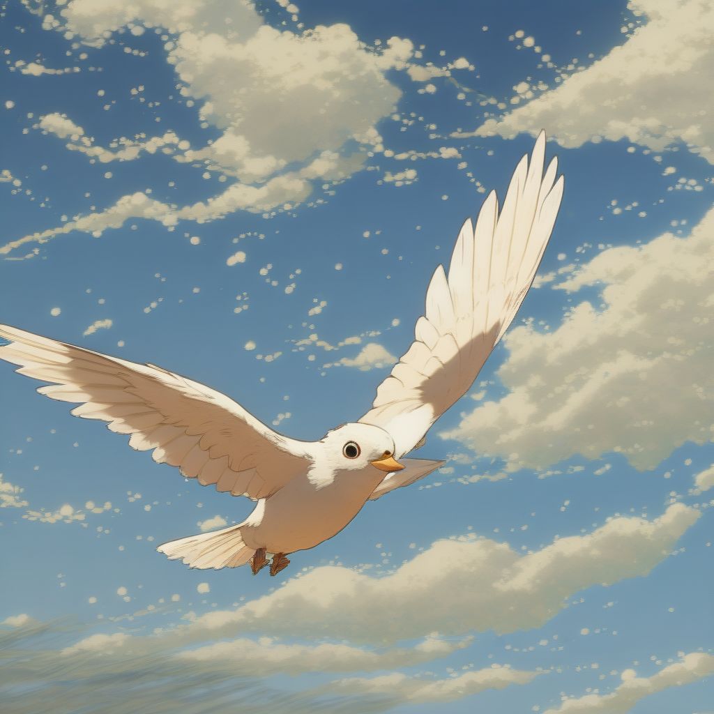 Studio Ghibli, A Baby Dove Flying In A Clear Blue Sky, Illustration, Hyperrealistic, 4K Resolution, Very Detailed, Studio Ghibli