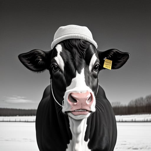 A Black And White Dairy Cow In A Winter Setting Wearing A Hat. She Is Happy And Excited
