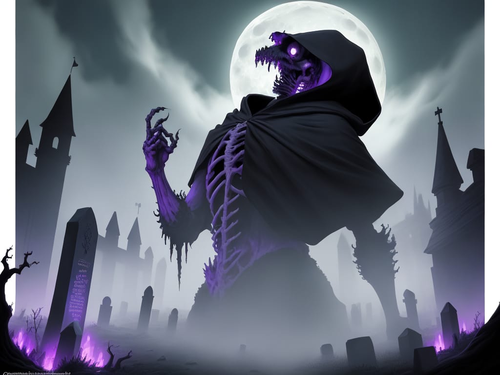 (masterpiece, Best Quality, 8K, UHD, Official Art:1.2), Young Necromancer, (jet-black Hooded Cloak:1.3), Glowing (intense Purple Eyes:1.2), Summoning Undea...