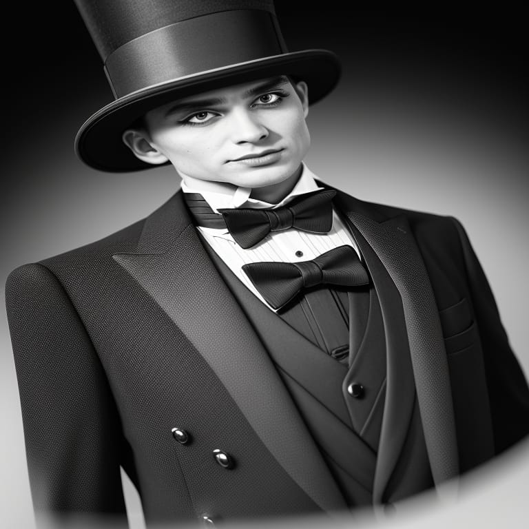 18k Ultra HD, English Elegant Stage Magician In Modern Black Tux, Only Bow Tie And Top Hat, Macro Realism, Macrophotography, Perfect Symmetry, Perfect Phys...
