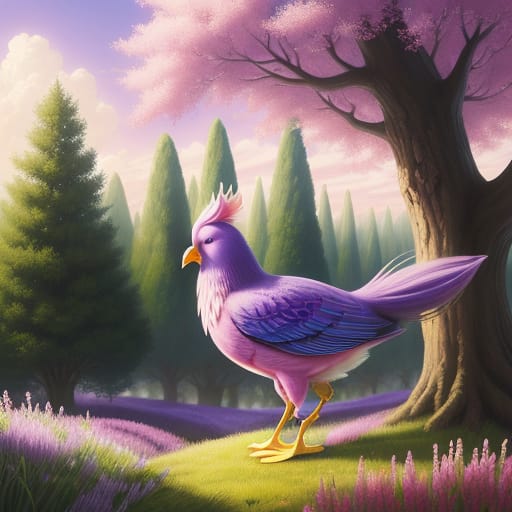Imaginary Fantasia-style Surreal And Unrealistic Bright Brilliant Plum Colored Hen In Mo Willems Style. Set In A Fantastic Imaginary Space, Purple Trees An...