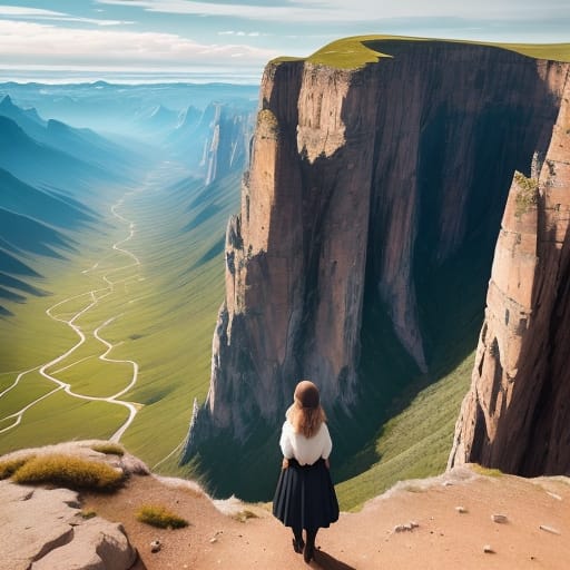 "I'd Like To Generate An Illustration Prominently Featuring A Young Girl Within A Landscape Of Vast Terrains, Mountains, And Rocky Formations. Please Creat...