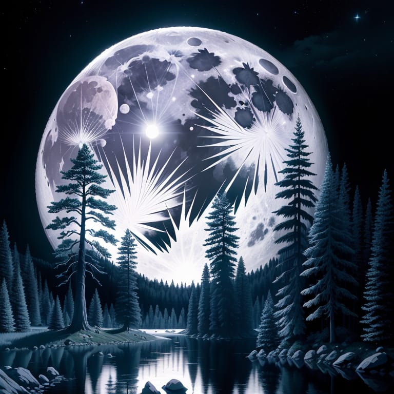 Strong Detailed, Landscape, Forest, Big Trees, Amazing Views, Full Moon, Small Clouds, Ultra Realistic, Low Contrast!!, Semirealistic