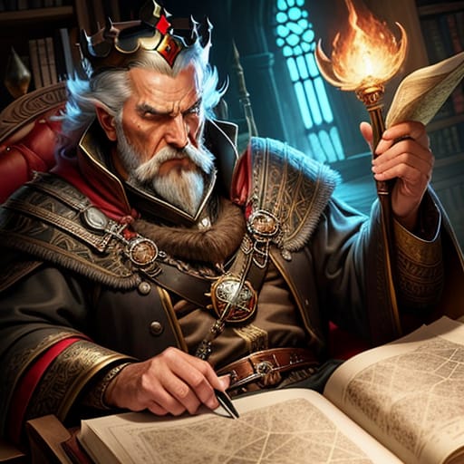 Sci If Fantasy. An Old, Evil King Looks Over A Map. He Looks Really Evil Contemplating Where To Conquer Next. , , Dutch Angle Camera Shot, Illustration