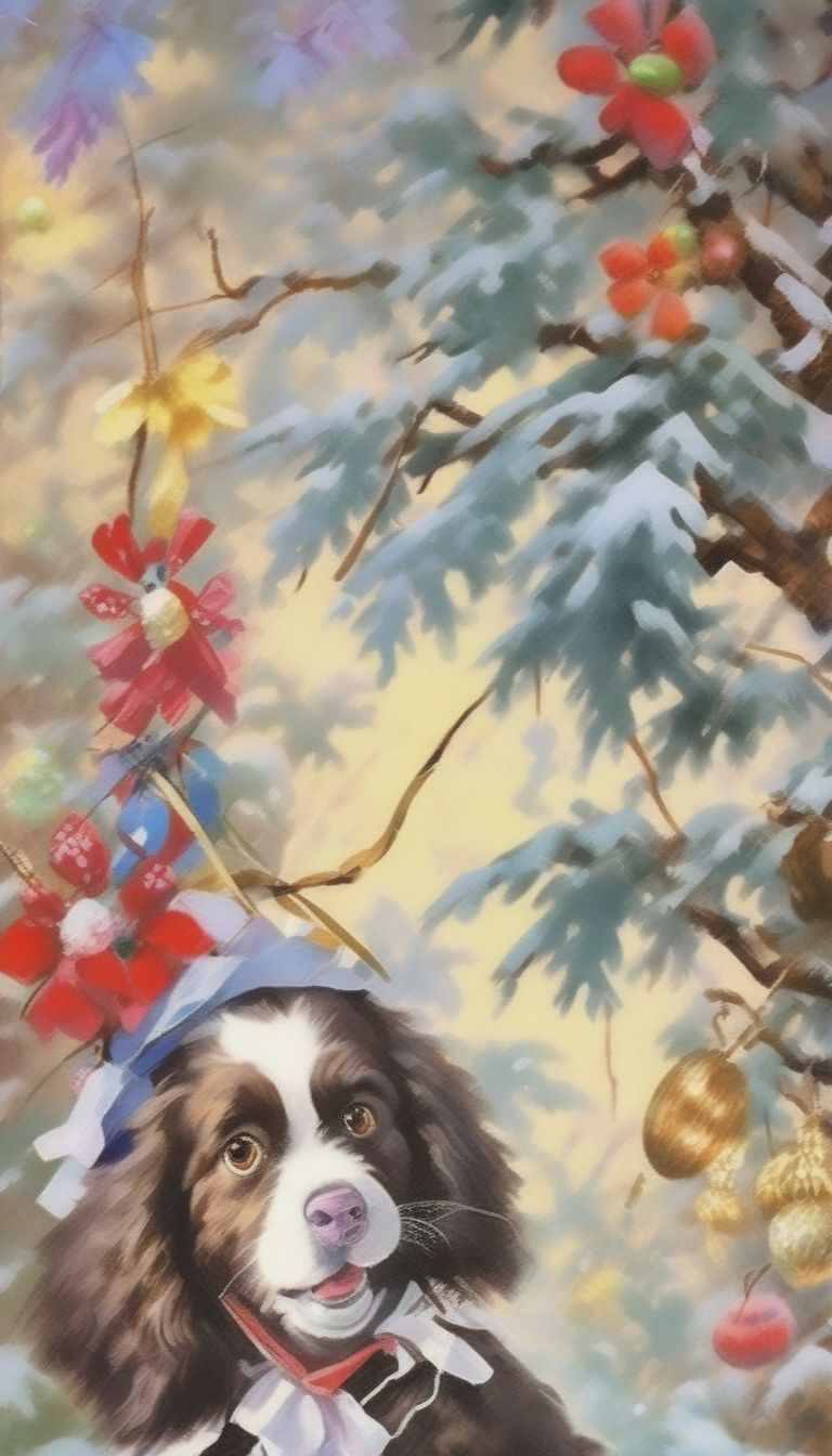 New Year Children's Soviet Cards In The Style Of The Artist Vladimir Zarubin, A English Springer Spaniel Plays With Toys On A Decorated New Year Tree, Pine...