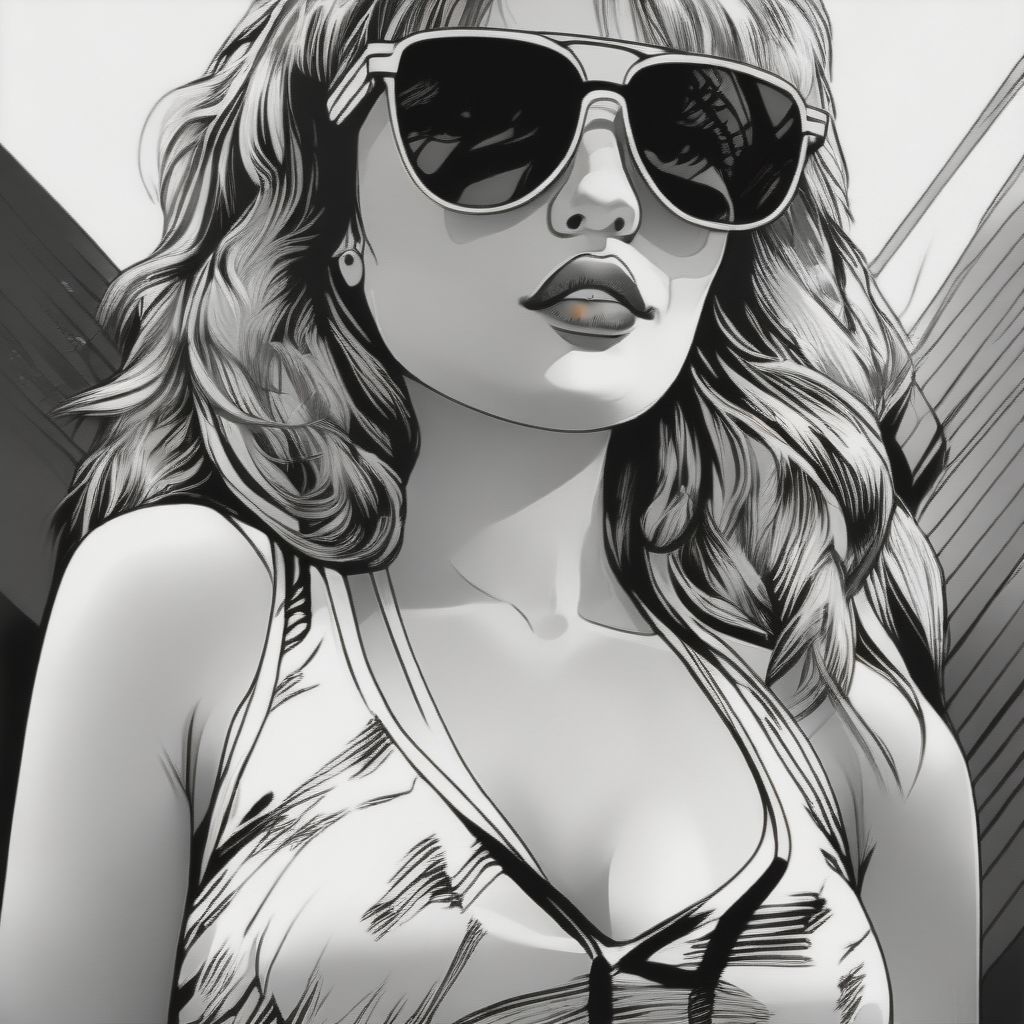 Girl With Sunglasses, Wearing Bikini Illustration, Vectorized, Linework, Black And White, Coloring Book Style , Gta Style, Full Body, Semirealistic
