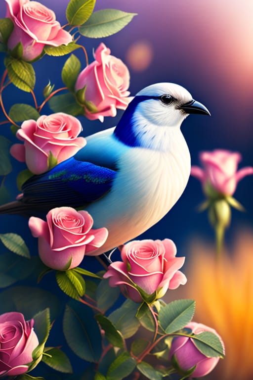 White Bird Sitting On A Branch Of Roses, Digital Watercolor Illustration Of A Meadow With White Roses In The Morning Light, Detailed Fantastic Background O...