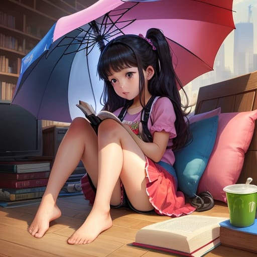 A Large Number Of Televisions, Cell Phones And Game Consoles Fall Onto A Large Umbrella. A 10-year-old Girl Sits Under An Umbrella And Reads A Book. Very D...