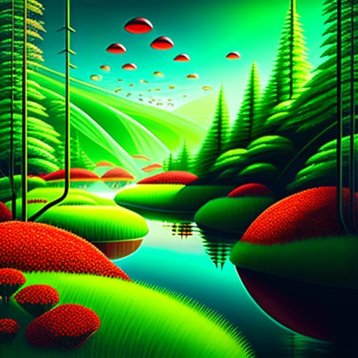 Retrofuturism Style, WONDERFUL Green AND RED BLOSSOM LANDSCAP Grass, Ecosystem, Ecology, Natural Environment, Ecological Succession, Sustainability, Freshw...