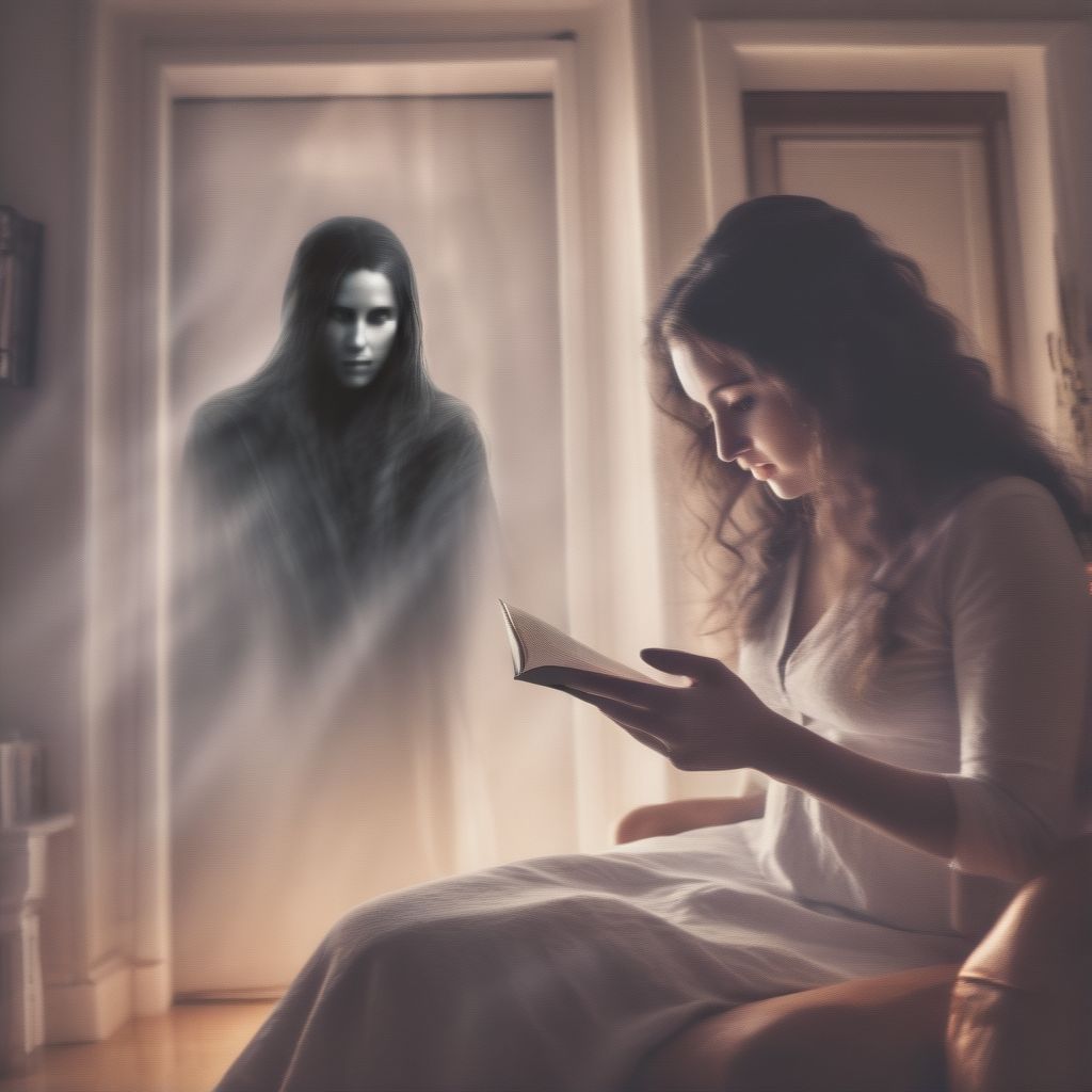 A Woman Siting In A Warm Home Reading A Book Unaware That There Is A Dark Evil Faceless Spirit Behind Her Reaching Out To Grab Her Shoulder