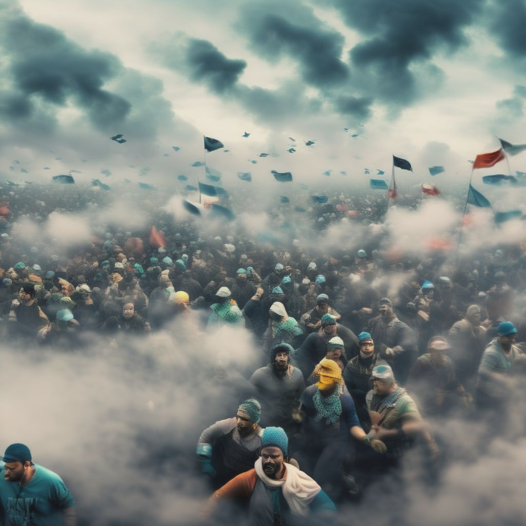 A Crowd Of Angry Activists In A Foggy World Of Teal And Blue Clouds, Running Toward The Camera With Flags In Their Hands, Hyperrealistic