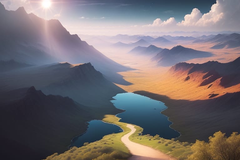 "Create A Surrealistic Landscape That Visually Represents The Evolution Of The Human Mind. Imagine A Scene Where The Sun Is Rising (or Setting) Over A Vast...