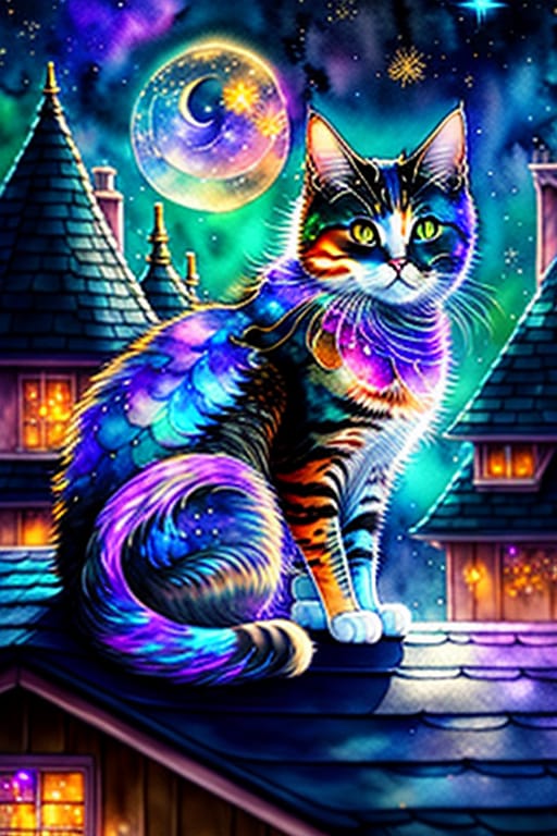 Beautiful Illustration,cat On The Roof Night, Ultra High Detail, Magic, Fantasy Glow Watercolor, Alcohol Ink, Attractive, Artistic, Hyper Detailed, Hyper R...