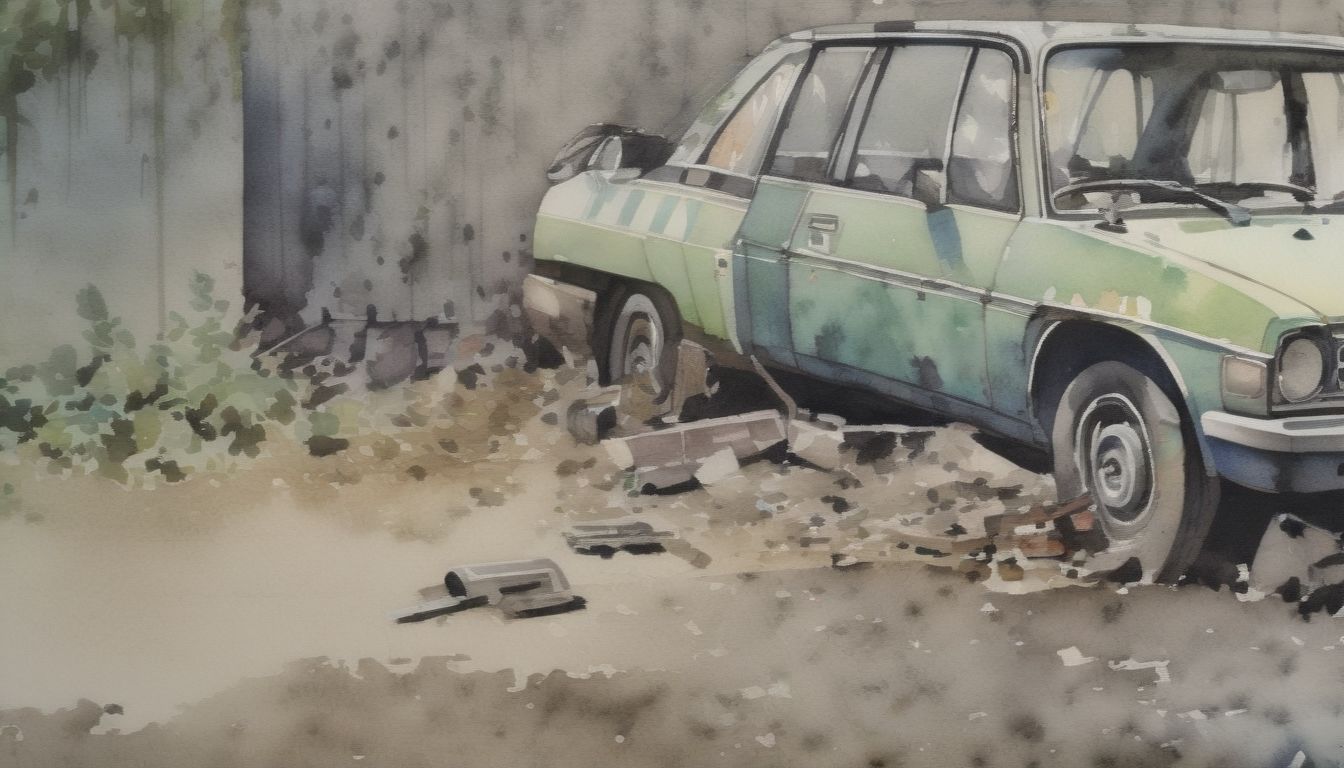 A Low-quality Watercolor Painting Depicting A Severely Damaged And Old Toyota Car, Set In The Approximate Timeframe Of 1970., Semirealistic