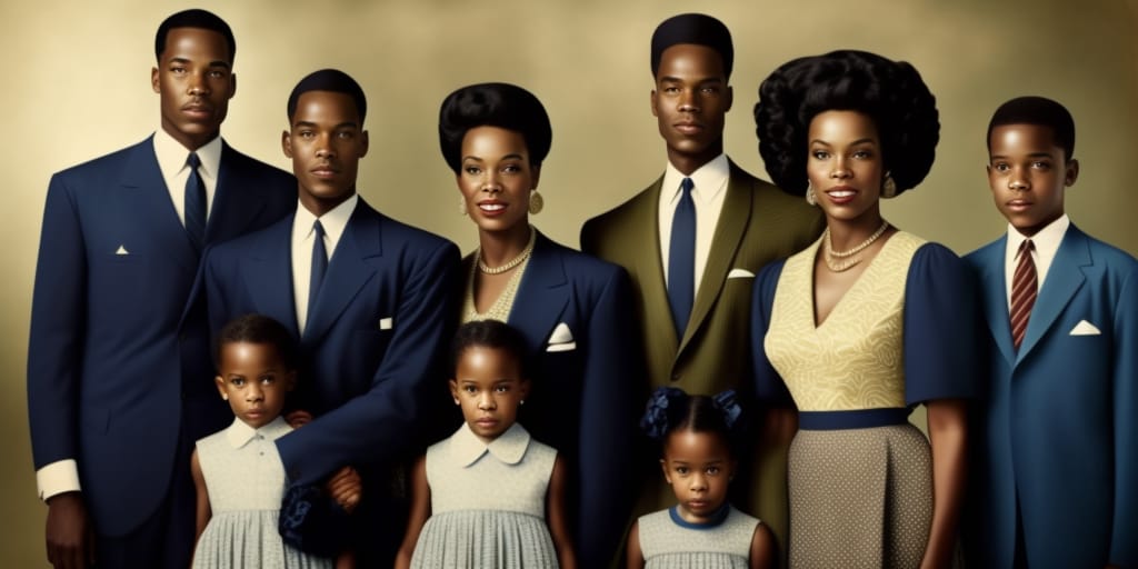 Generate A Realistic Photo Of An African American Family From The 1950s, Dressed Elegantly And Out In A Public Setting. The Family Consists Of A Husband, A...