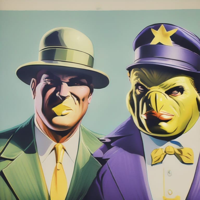 Ww2 Propaganda Illustration Of A Person Wearing A Yellow Chicken Mask With A Yellow And Purple Suit. He Is With Another Man Wearing A Green And White Suit,...