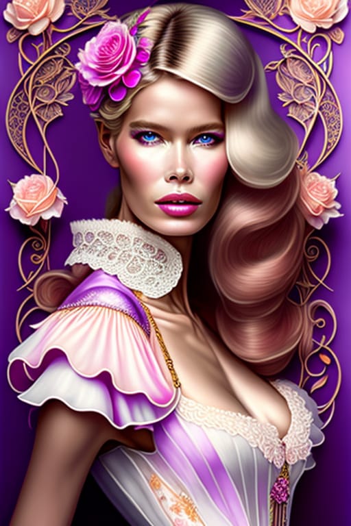 Masterpiece Conceptual Portrait Painting Of A Beautiful Fashionista Similar To Claudia Schiffer, Posing As A Fashion Model On The Music Festival In The Sty...