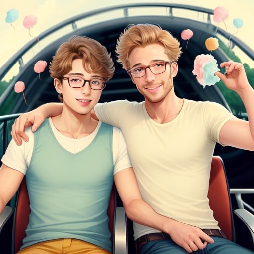Create A Picture Of Two Men, Approx. 30 Years Old. One Of The Men Has Blond Hair And Glasses. The Other Man Is Slightly Shorter, Has Brown Hair And No Glas...