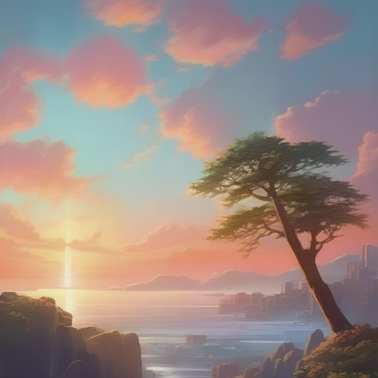 Realistic Rhapsody - DT | Downtempo Serenity,by Thomas Kinkade, And Caspar David Friedrich. Soft Pastels, Warm Golden Hues. A Coastal Landscape During The...