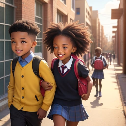 Inner City School Setting Background With Black Children Boys And Girls Happily Going To School