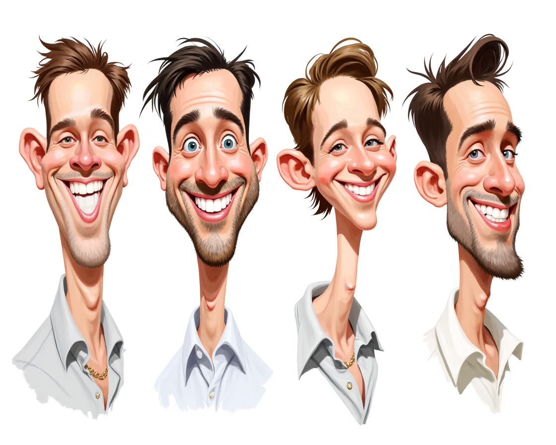 Four different AI caricature styles showing editorial, whimsical, vector, and painterly approaches