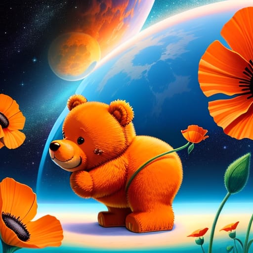 Imaginary Cartoonish, Unrealistic, Fantastic, Fantasia Style Surreal And Unrealistic Close-up Of An Orange Teddy Bear Bum Tooting A Fart Surrounded By Huge...