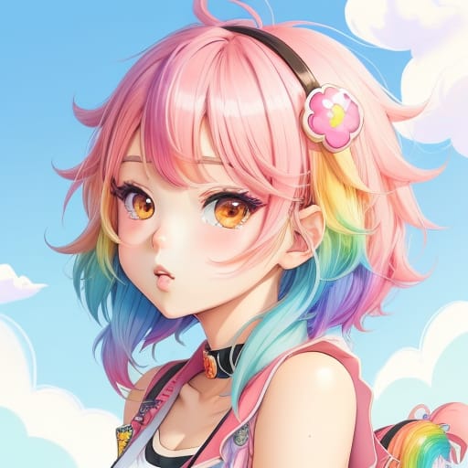 Kawaii Style A Drawing Of A Girl With Rainbow Coloured Hair, Anime Styled Digital Art, Cute Detailed Digital Art, Anime Style Illustration, Anime Style Dig...