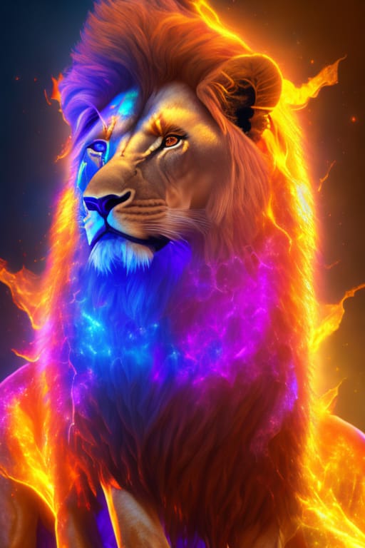 A Flaming Yellow Lion Surrounded By Dark Coest Landscape, Close-up, Hyper Detailed, Trending On Artstation, Sharp Focus, Studio Photo, Intricate Details, H...