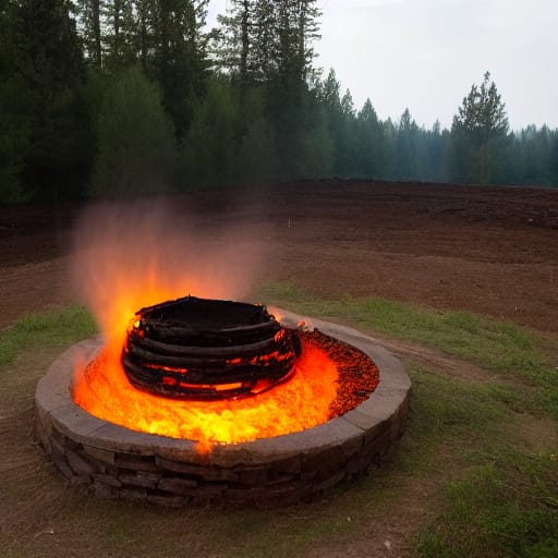 The Fiery Transformation Of Biochar" In This Captivating Image, We Are Transported To A Rustic Clearing In The Heart Of A Dense Forest. The Setting Sun Bat...