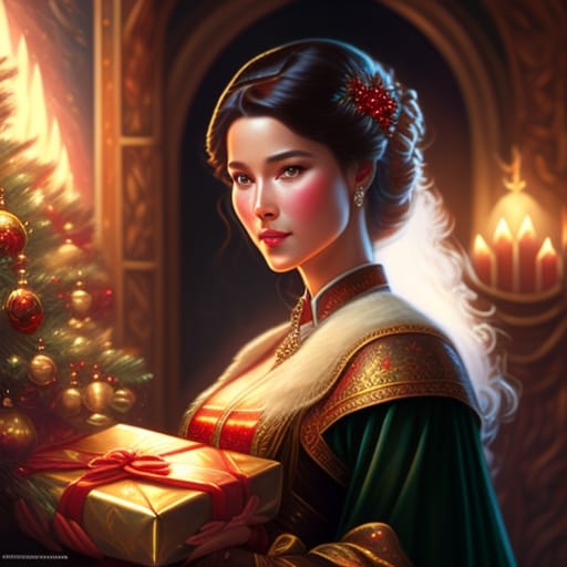 Portrait Of Sks Woman Opening Presents At Christmas 1 9 8 0's, Deep Focus, D & D, Fantasy, Intricate, Elegant, Highly Detailed, Digital Painting, Artstatio...