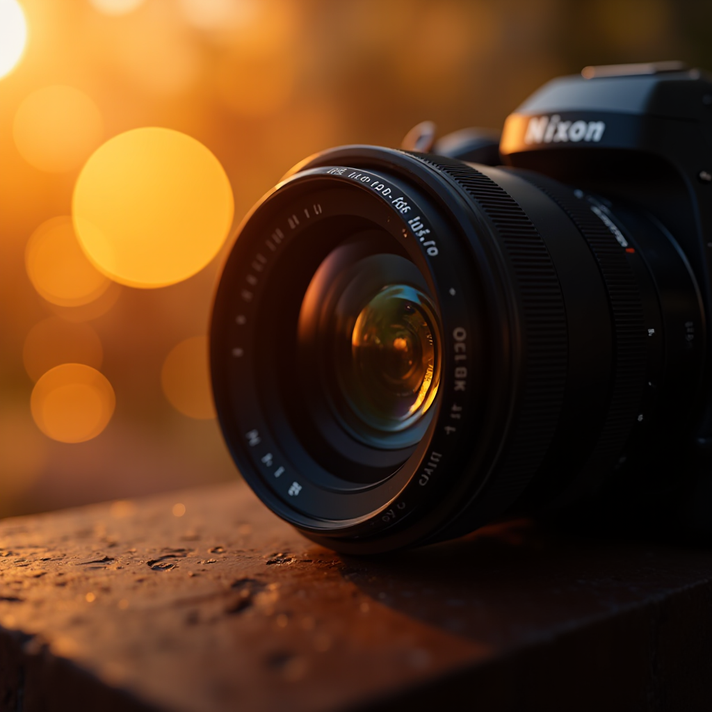Close-up of a professional camera lens with beautiful golden bokeh light circles