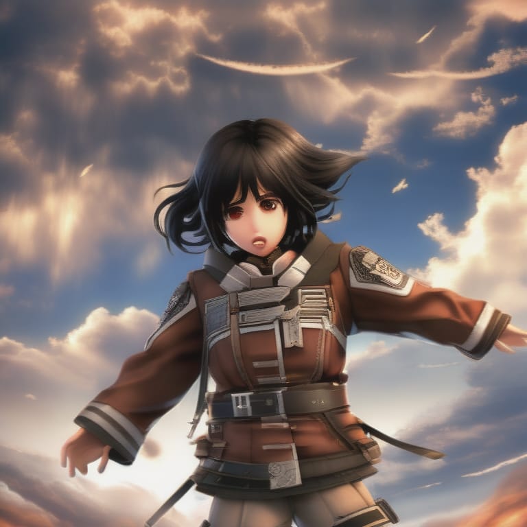Create A Image Of Mikasa Of Attack On Titan Anime Series Where She Is Flying With ODM Gear And Her Face Is Looking Like Crying And Smiling At The Same Time...