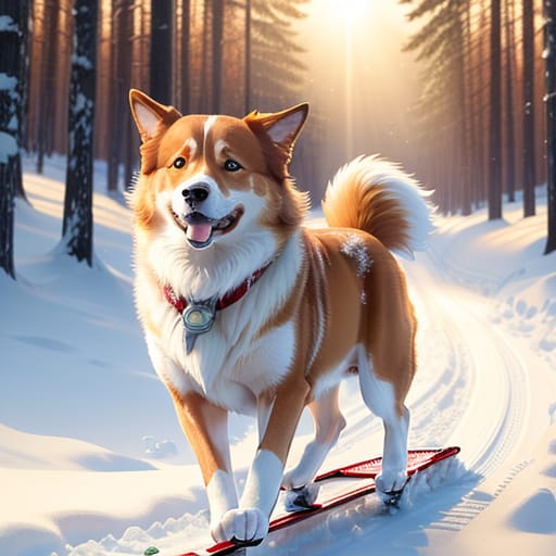 Nova Scotia Duck Tolling Retriever Pulling A Sled As A Sled Dog In A Snowy Forest With The Sun's Rays Gently Breaking Through The Trees.nova Scotia Duck To...