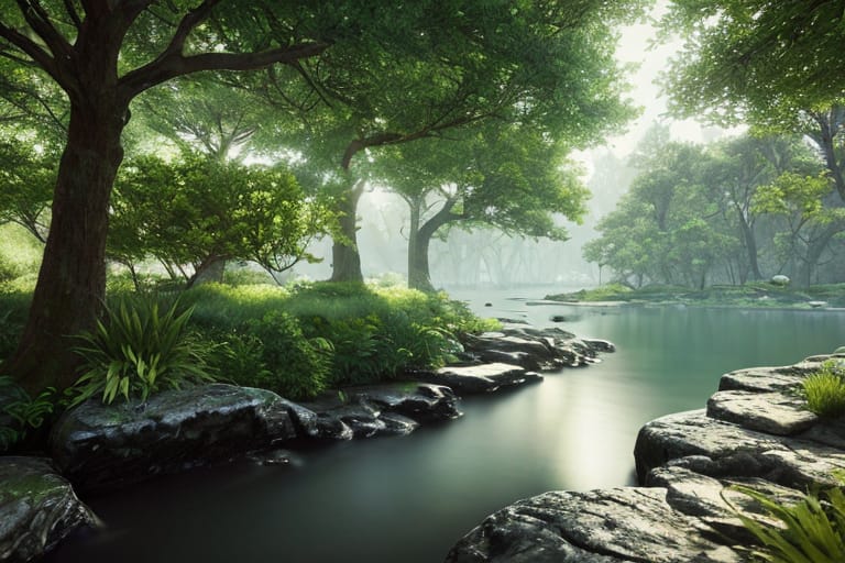 Visually Represent The Metaphor Of A Tree Planted By The Water, Symbolizing Trust And Hope,8k, Cinematic Symmetrical, Distant View, Realistic Maximum Textu...