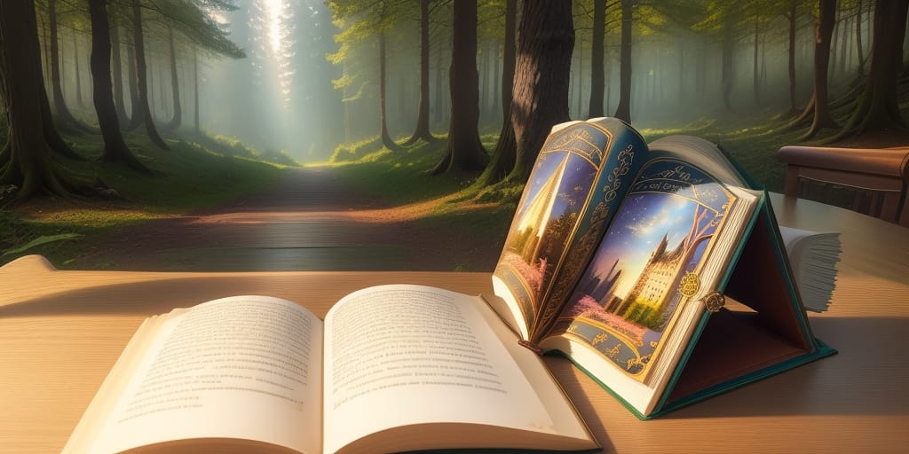 Open Fairy Tale Book, View From The Front, Old Thick Brown Book, The Book Lying Openly On Wooden Table, Fairy Tale Castle At The Back, Fairy Forest In The...