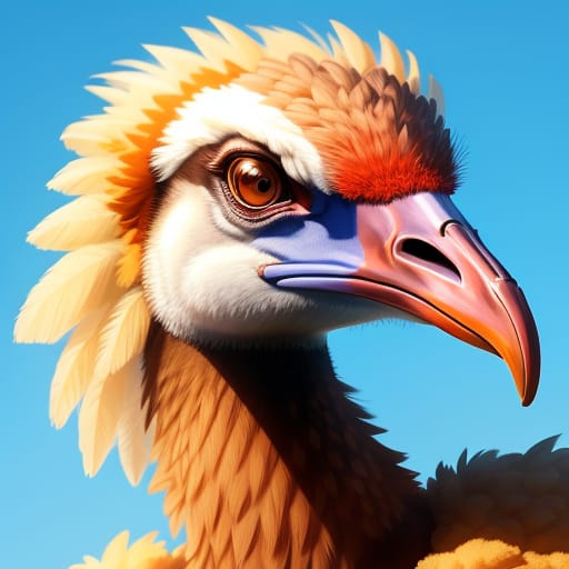 Hyper Realistic Image Of A Ostrich As A Sports Mascot. Brown And Blue Predominant Colours. Intimidating Facial Features
