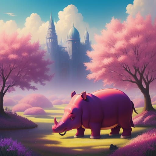 Imaginary Fantasia-style Surreal, Brilliant Red Hippo In Mo Willems Style. Set In A Fantastic Imaginary Space, Purple Trees And Platinum Grass, Mauve Flowe...