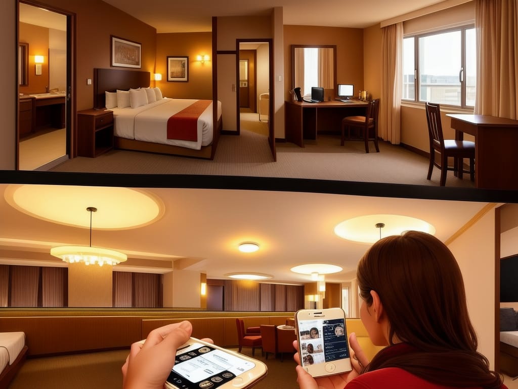 Create A Picture Of A Hotel Room With A Family Using A Smartphone To Book A Table And Look Forward To The Evening.