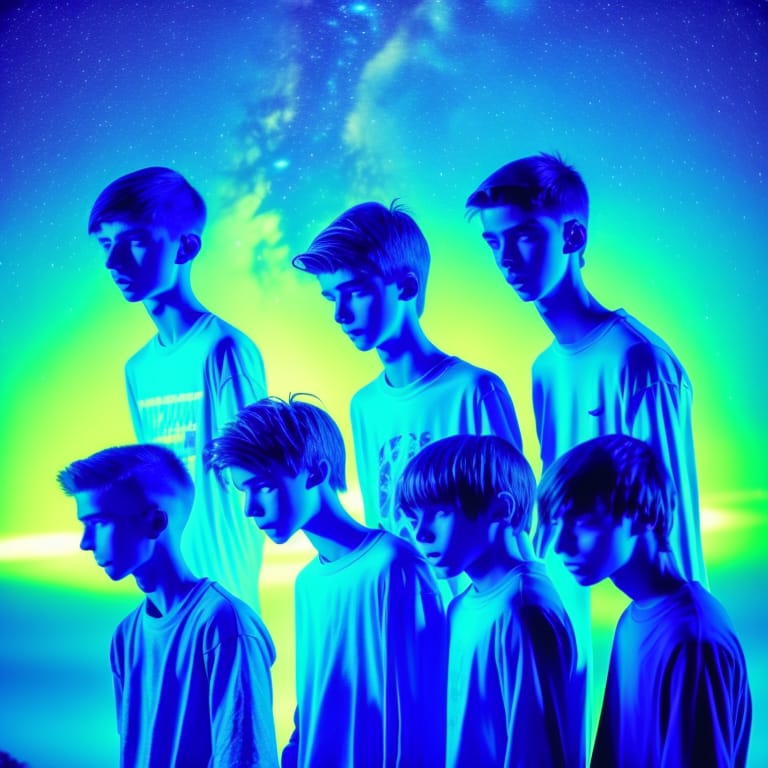 Teenager, Teenage Boy, Long Hair, Teenager, Teenage Boy, A Handsome And Young-looking Boy, A Handsome Alien Boy, Green And Light Blue And Blue Alien Super...