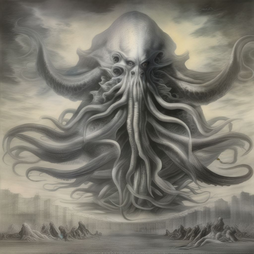 (masterpiece, High Resolution, Detailed:1.3), Colossal Being, Towering Hundreds Of Meters High, (vaguely Humanoid Figure:1.2), Bloated Physique, (octopus-l...