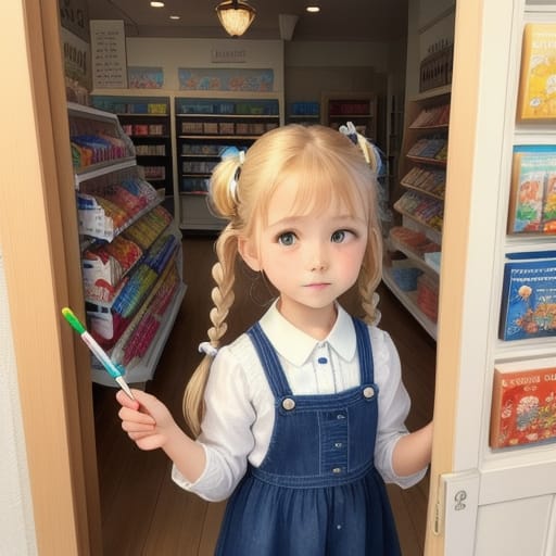 A Girl With Blonde Hair Tied Into 2 Braids And A White Blue Dress, Opens Sitting On The Floor. Around Her Are A Doll With Blond Hair And Pink Dress, Car Wi...