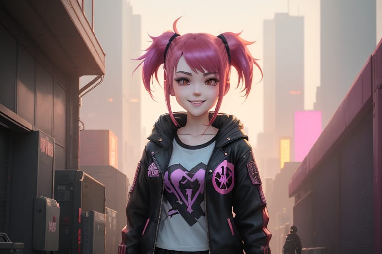 Anime Artwork A Girl Standing In Front With A Strong Smile, Red Violett Hair, Realistic Artstyle, Nightcore, Digital Cyberpunk Art, Style 4 K, Style Artwor...