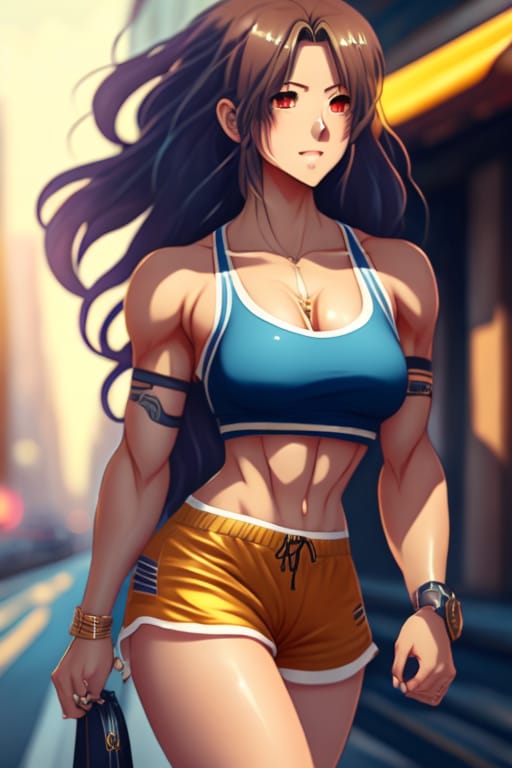 Anime Style, A Extremely Beautiful Muscular Woman Walking On The Street, Long Golden Hair, White Bandeau Without Shoulder Straps, Blue Short Shorts, Bare S...