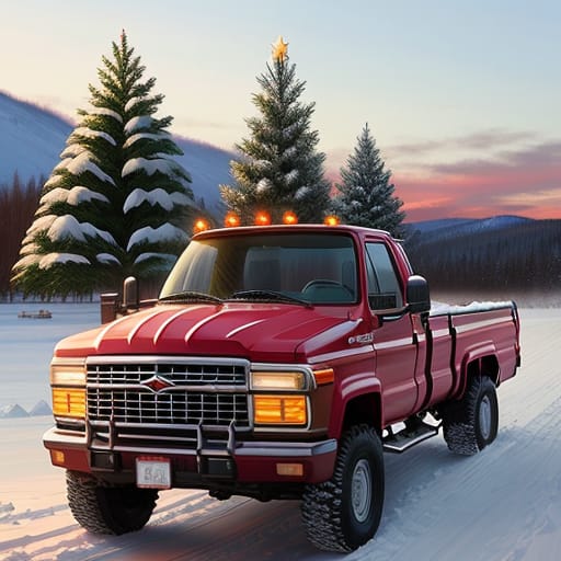 Very Big Red Truck With A Christmas Tree, Lots Of Snow, Semirealistic