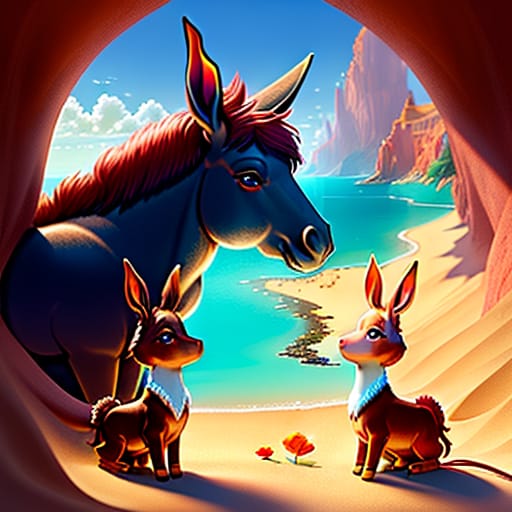 Imaginary Fantasia-style Surreal And Unrealistic Red-gold Donkey, Huge Ears, Huge Mischievous Eyes, In Mo Willems Style. Set In A Fantastic Imaginary Space...