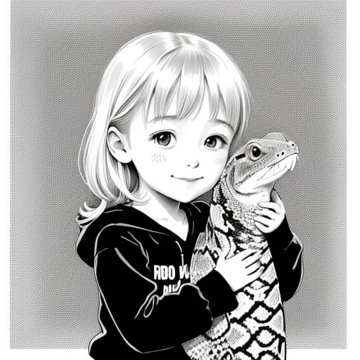 Coloring Image For Children, Three Years Old, Python, Happy Girl, Rendered In Black And White